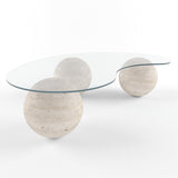 Table basse en verre Arena organique – Sphères en travertin