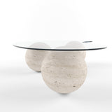 Table basse en verre Arena organique – Sphères en travertin